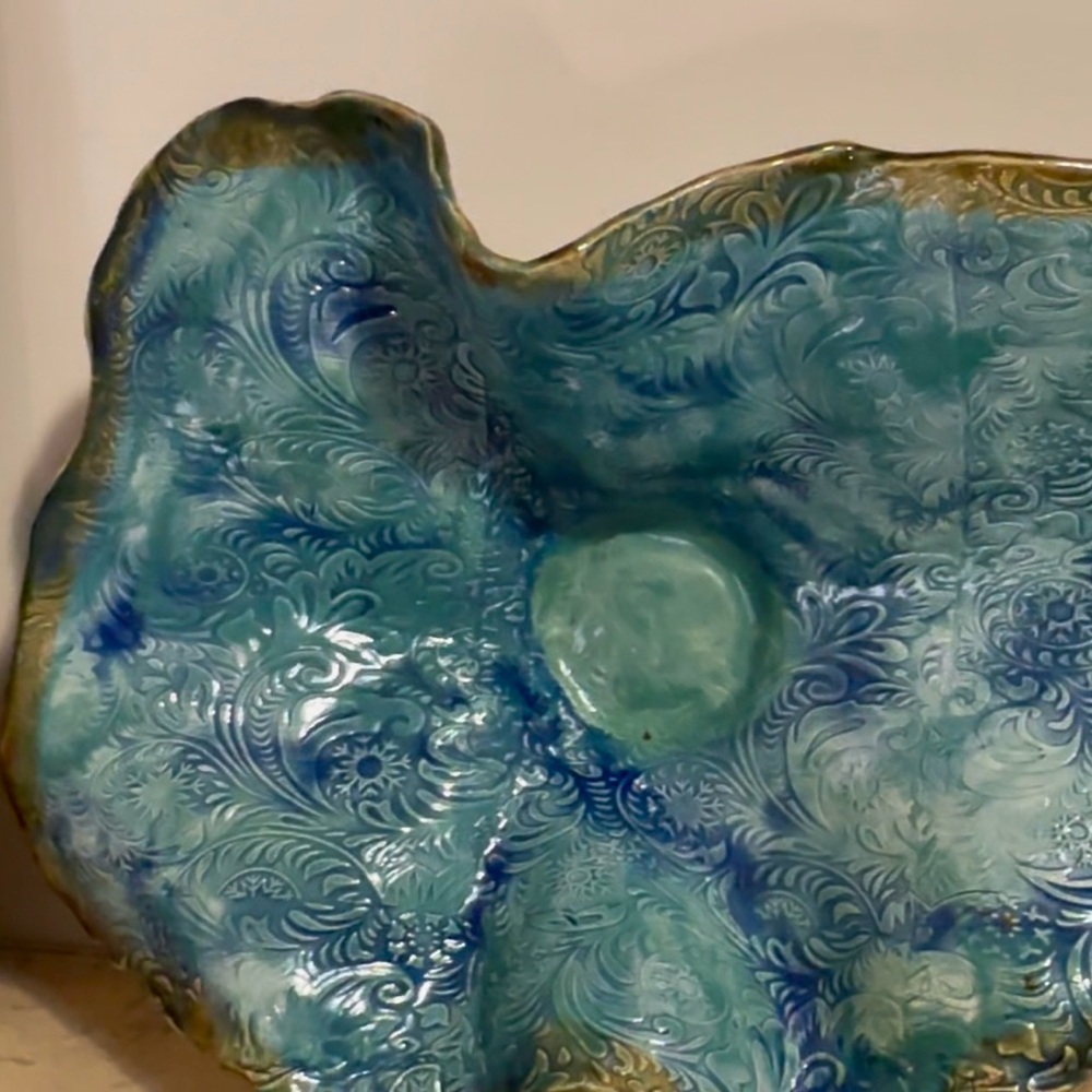 Large Artistic Blue and Green Fruit Decorative Bowl